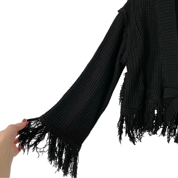 Tularosa Fringe Cardigan Sweater Womens Size Small Black Tie Front Cropped - Picture 5 of 12
